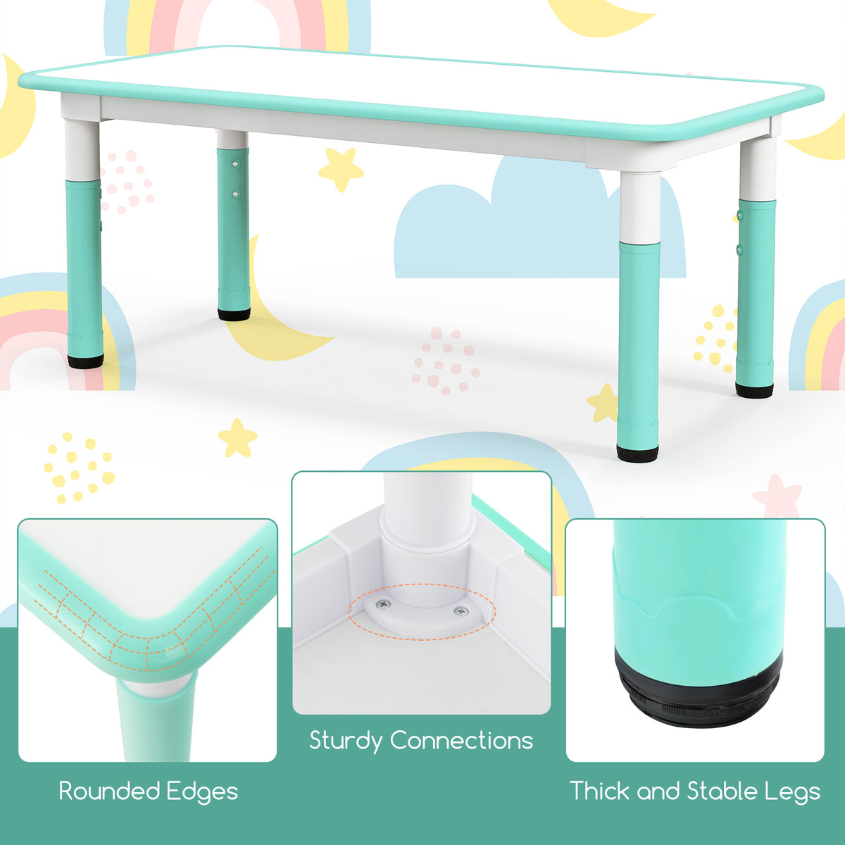 Kids Table and Chairs Set for 4 - 5 Pieces Green with Graffiti Desktop, Adjustable & Space-Saving