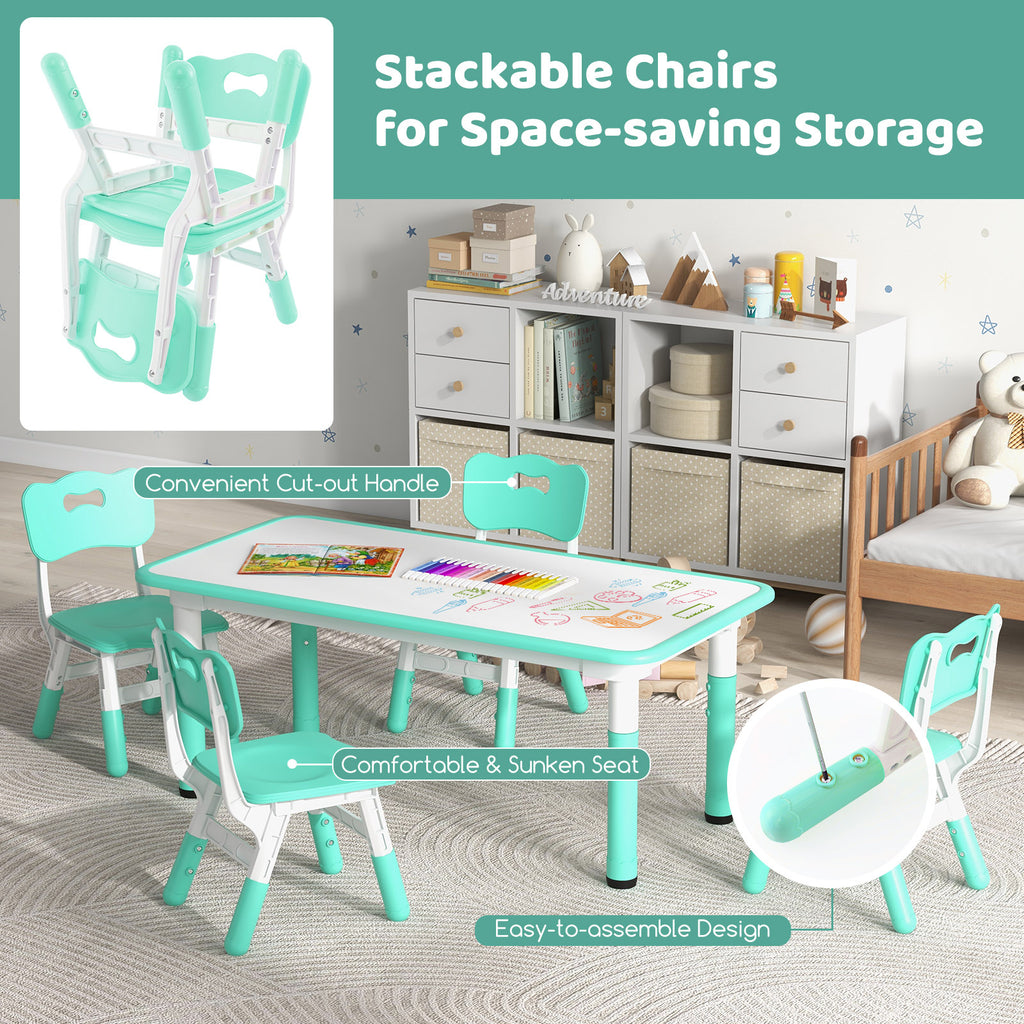 Kids Table and Chairs Set for 4 - 5 Pieces Green with Graffiti Desktop, Adjustable & Space-Saving