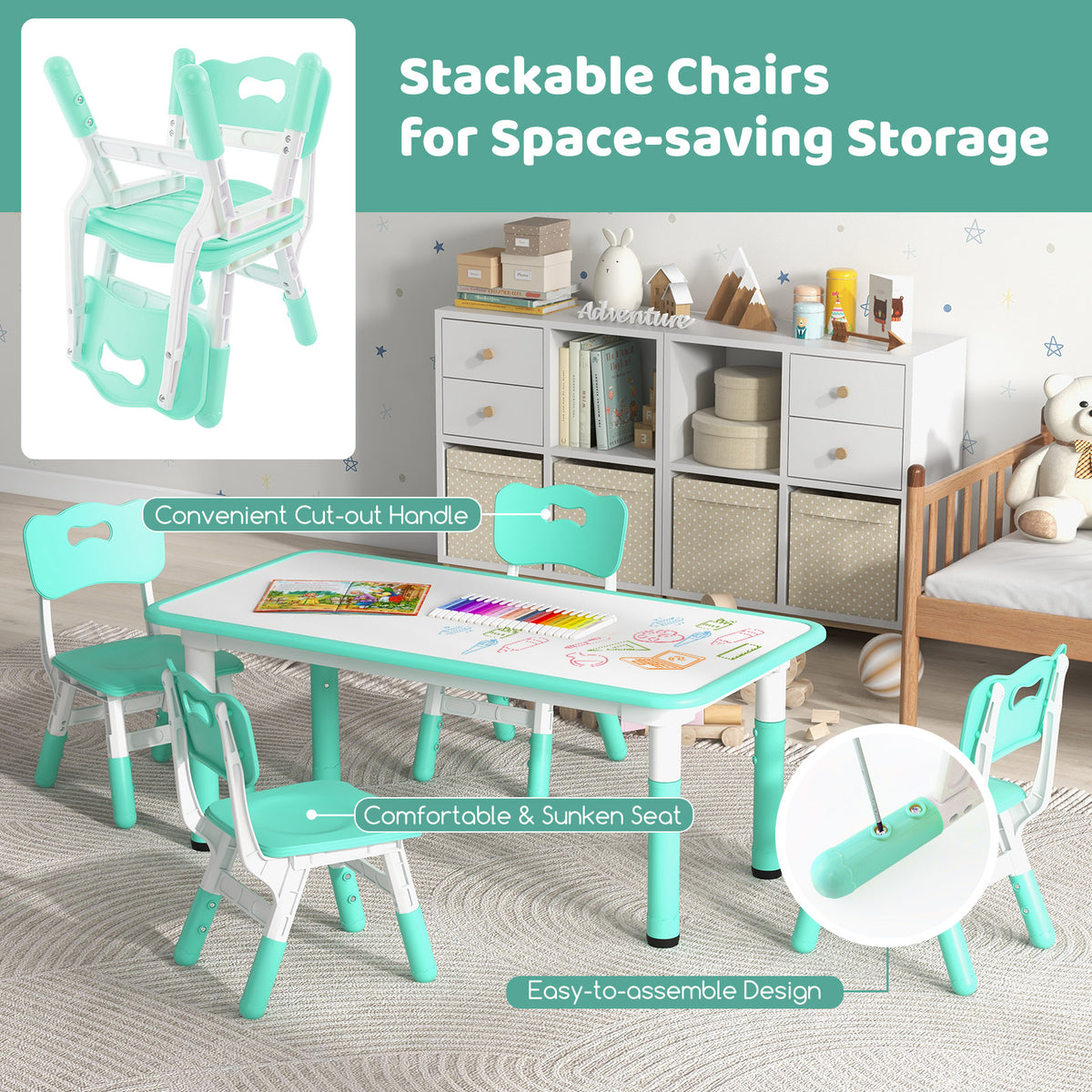 Kids Table and Chairs Set for 4 - 5 Pieces Green with Graffiti Desktop, Adjustable & Space-Saving