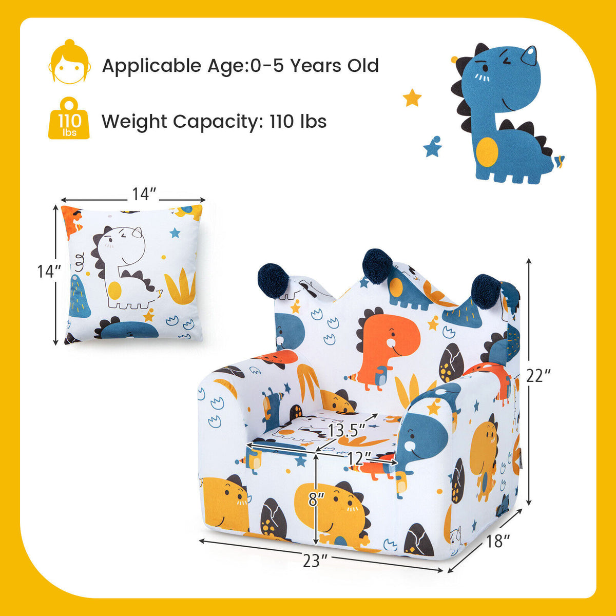 Kids Sofa with Armrest & Extra Pillow - Blue, High-Density Padding, No Assembly