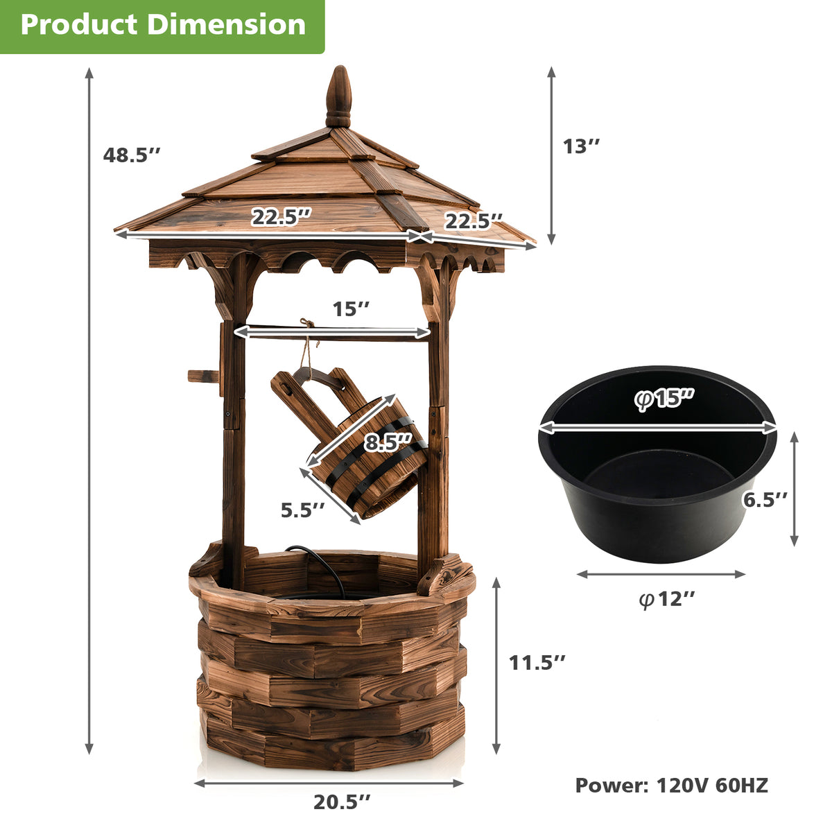 Patio Wooden Water Fountain with Electric Pump - Brown