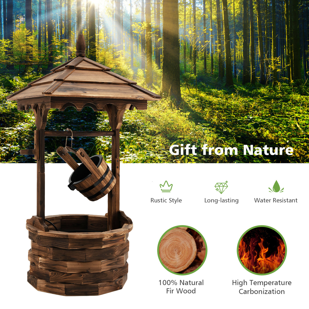 Patio Wooden Water Fountain with Electric Pump - Brown