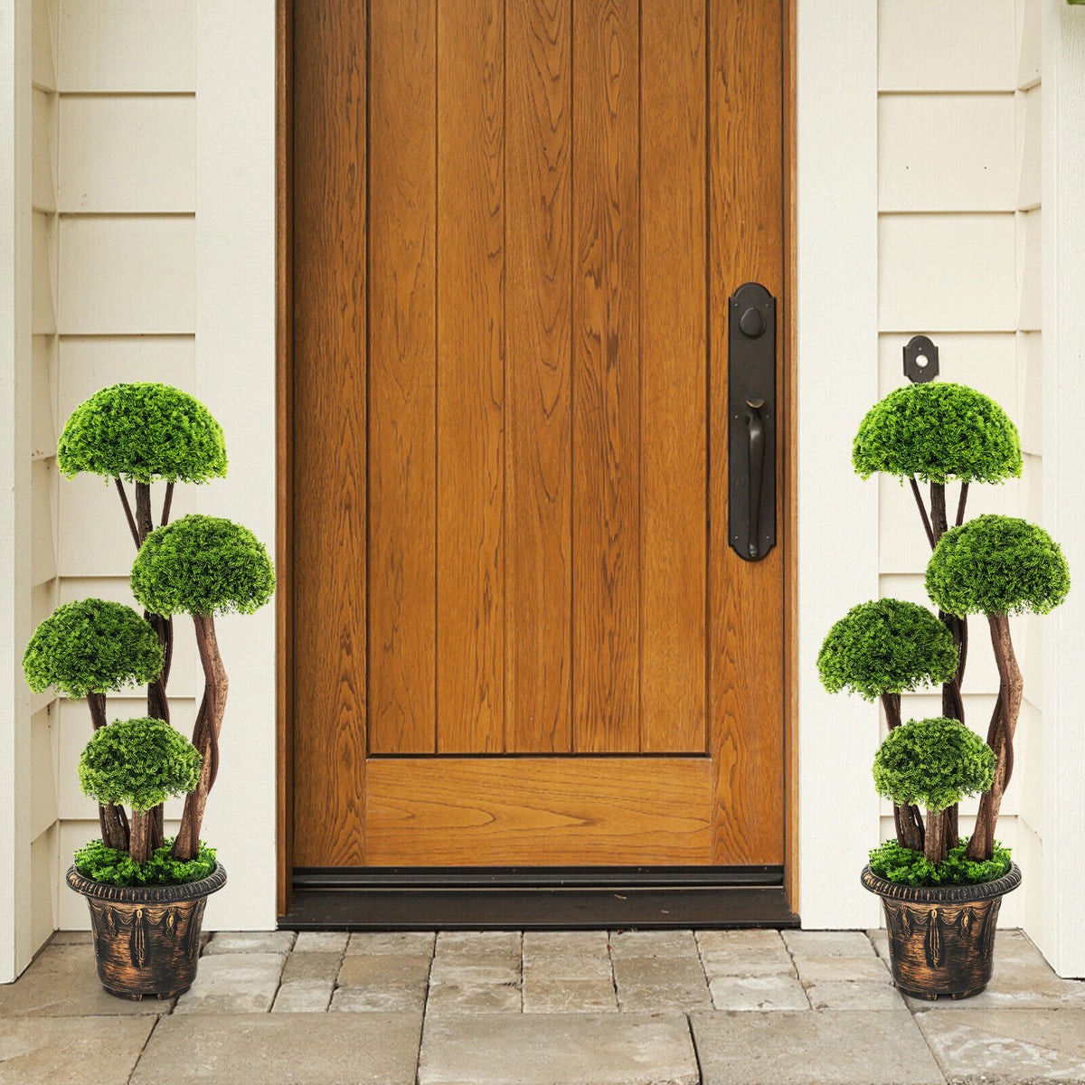 Artificial Cedar Topiary Tree with Rattan Trunk - Indoor Outdoor Decor