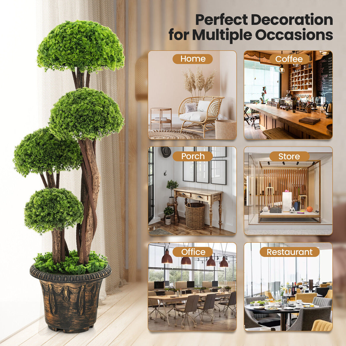 Artificial Cedar Topiary Tree with Rattan Trunk - Indoor Outdoor Decor
