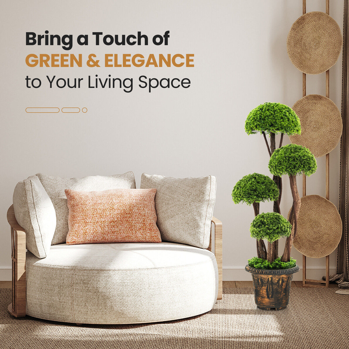 Artificial Cedar Topiary Tree with Rattan Trunk - Indoor Outdoor Decor