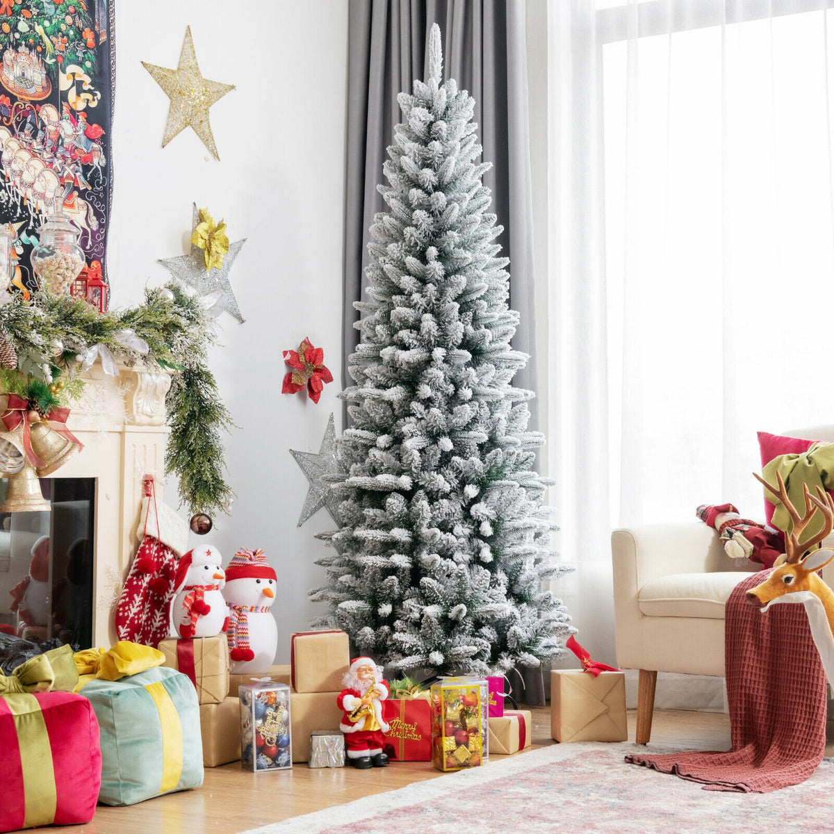 7.5 ft Snow-Flocked Christmas Pencil Tree with Lush Tips and Metal Stand