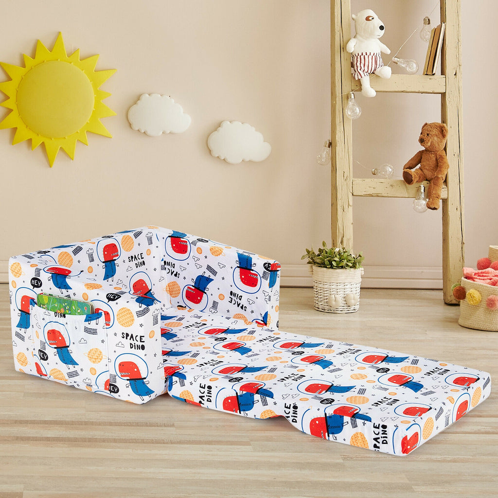 Kids 2-in-1 Convertible Sofa Bed - White Velvet Fabric with Storage Pockets