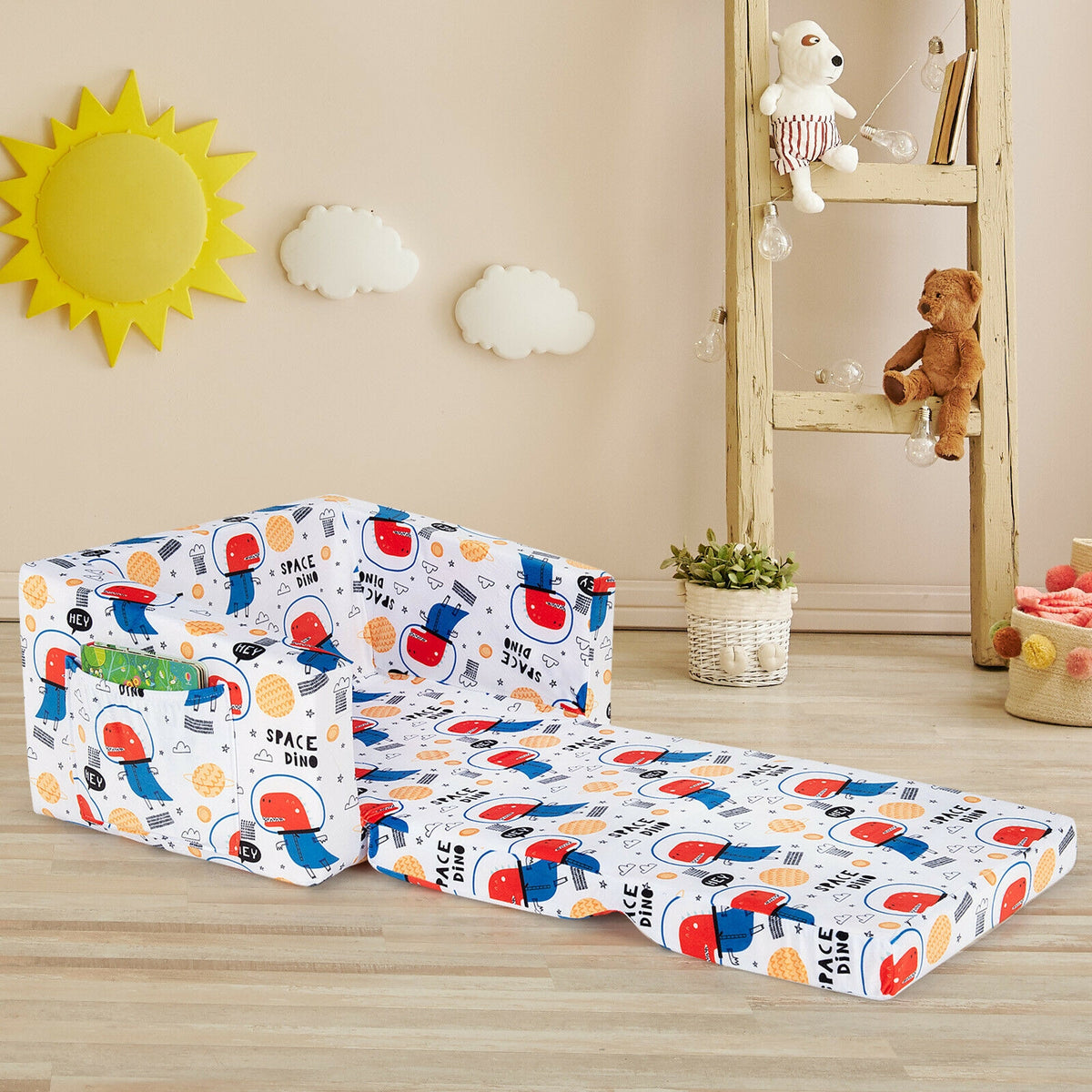 Kids 2-in-1 Convertible Sofa Bed - White Velvet Fabric with Storage Pockets