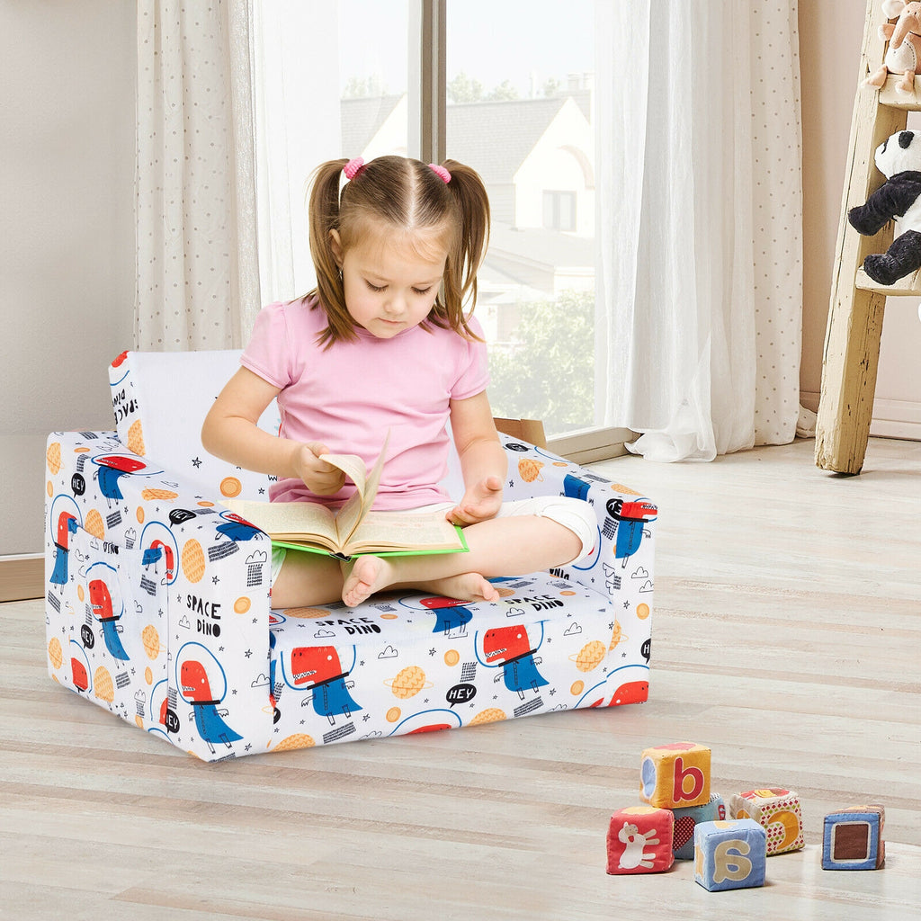 Kids 2-in-1 Convertible Sofa Bed - White Velvet Fabric with Storage Pockets