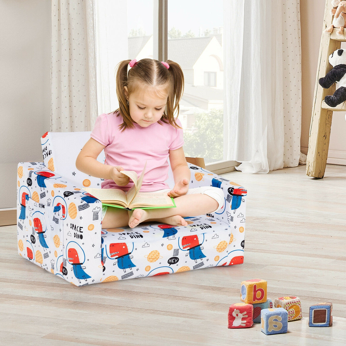 Kids 2-in-1 Convertible Sofa Bed - White Velvet Fabric with Storage Pockets