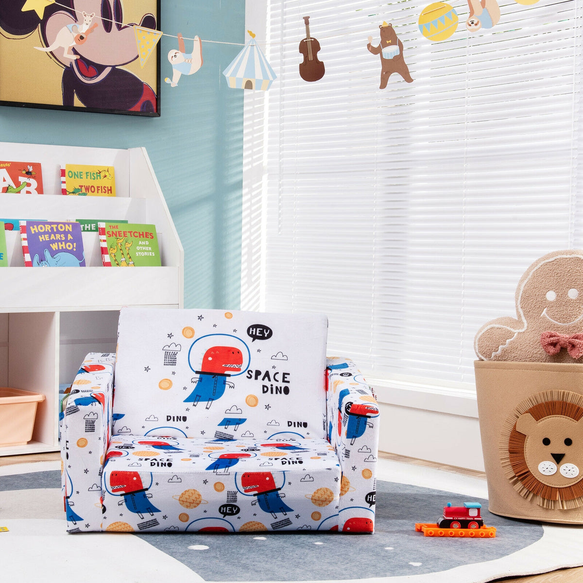 Kids 2-in-1 Convertible Sofa Bed - White Velvet Fabric with Storage Pockets