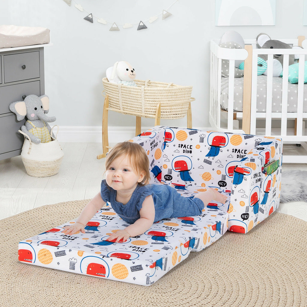 Kids 2-in-1 Convertible Sofa Bed - White Velvet Fabric with Storage Pockets