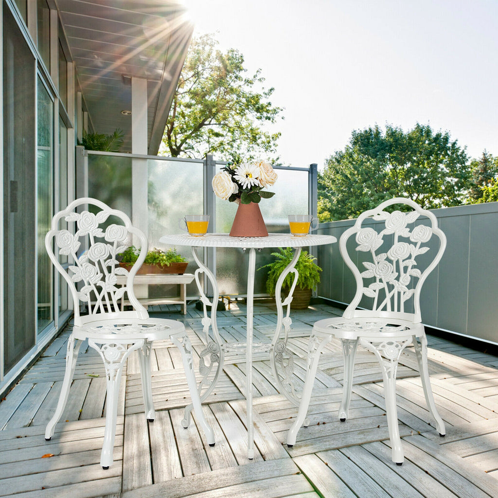 Cast Aluminum Patio Furniture Set with Rose Design - White