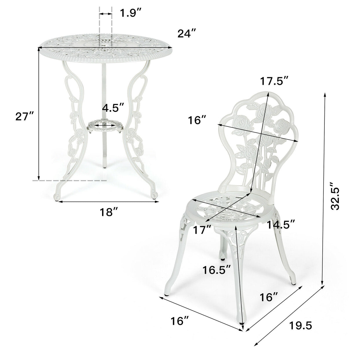 Cast Aluminum Patio Furniture Set with Rose Design - White