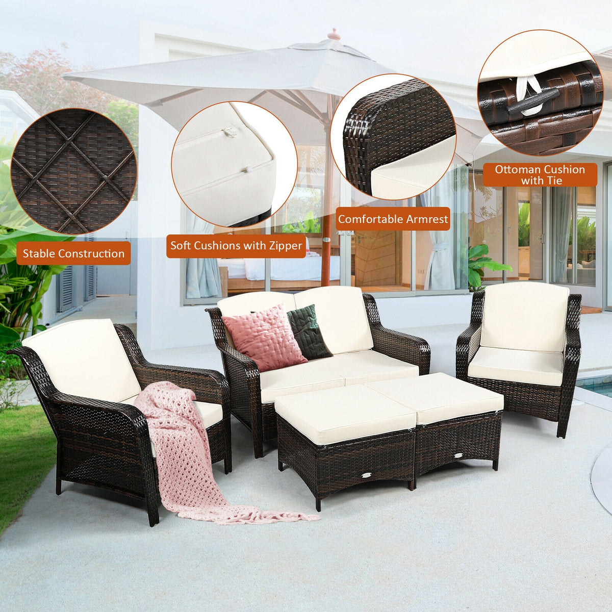 5 Pieces Patio Rattan Sofa Set with Cushion and Ottoman