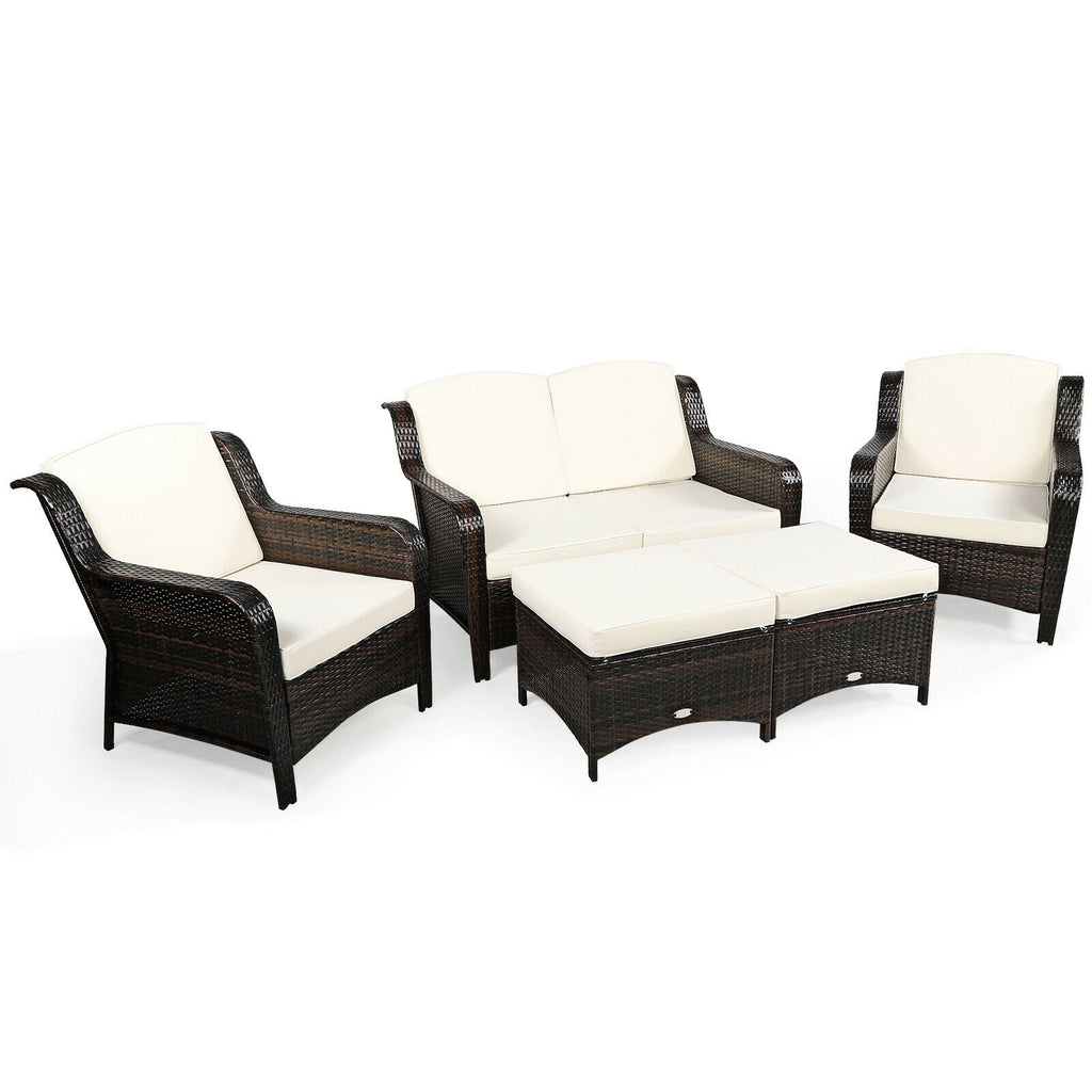 5 Pieces Patio Rattan Sofa Set with Cushion and Ottoman