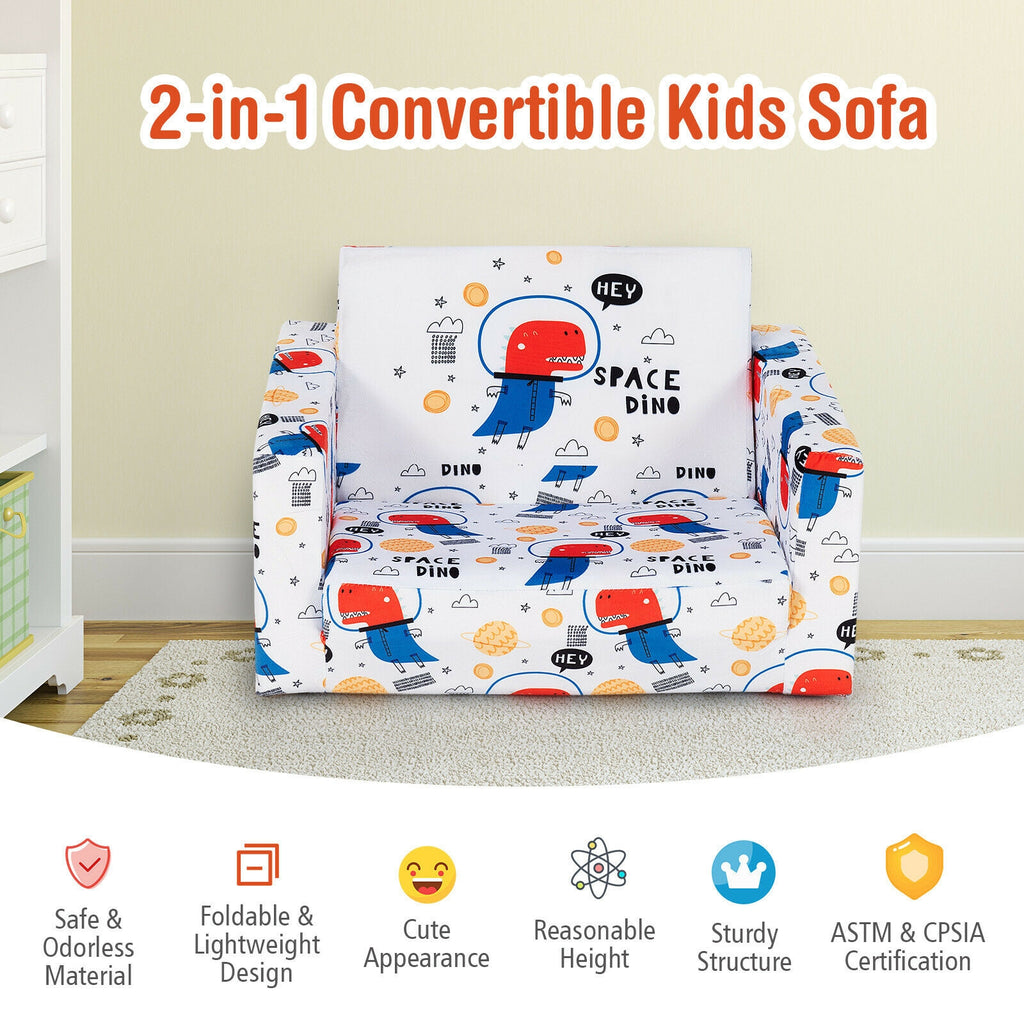 Kids 2-in-1 Convertible Sofa Bed - White Velvet Fabric with Storage Pockets