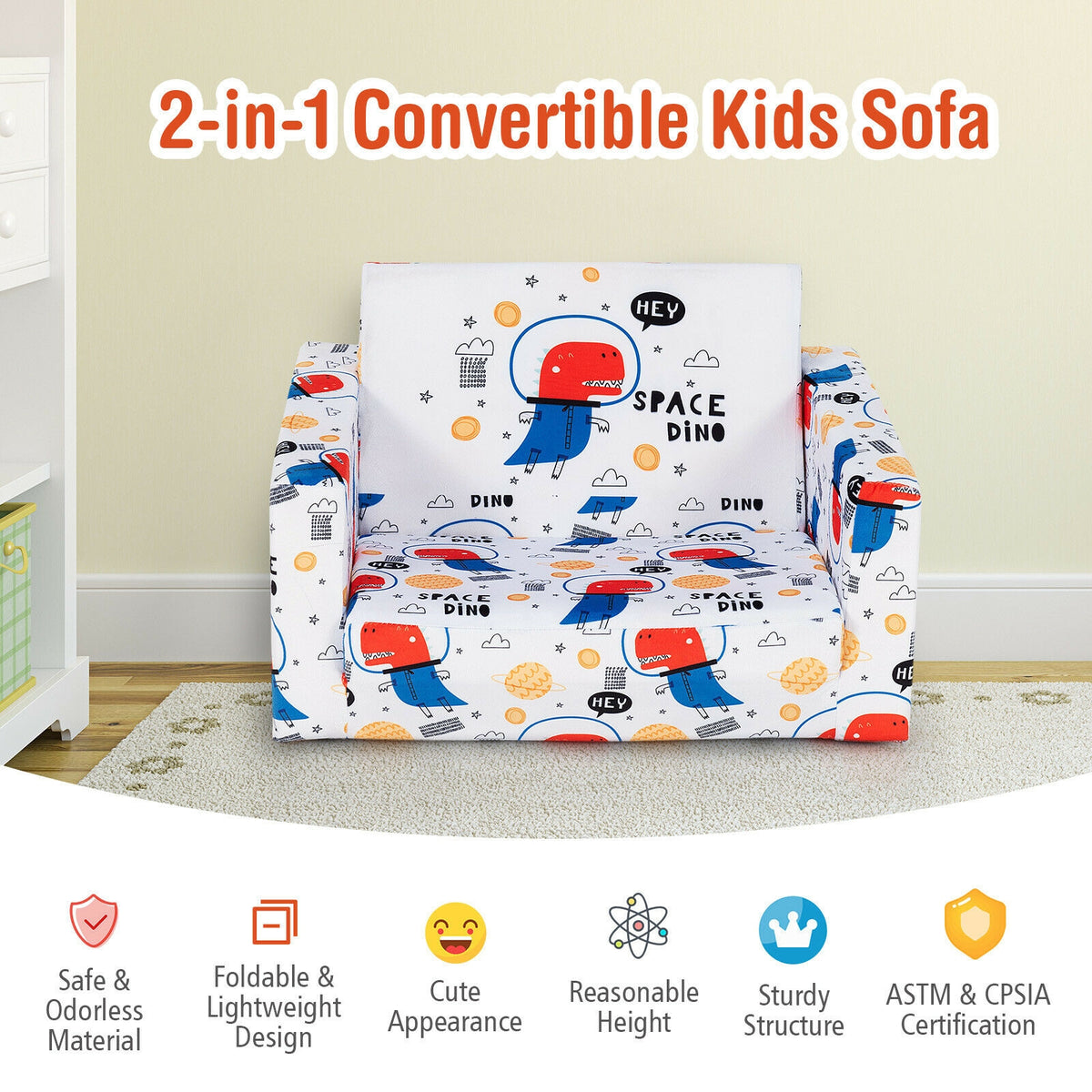 Kids 2-in-1 Convertible Sofa Bed - White Velvet Fabric with Storage Pockets
