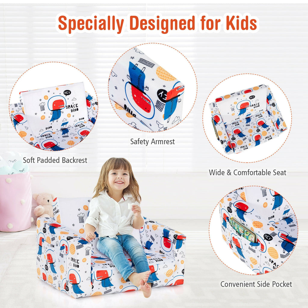 Kids 2-in-1 Convertible Sofa Bed - White Velvet Fabric with Storage Pockets