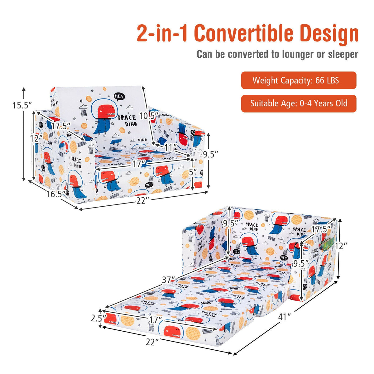 Kids 2-in-1 Convertible Sofa Bed - White Velvet Fabric with Storage Pockets