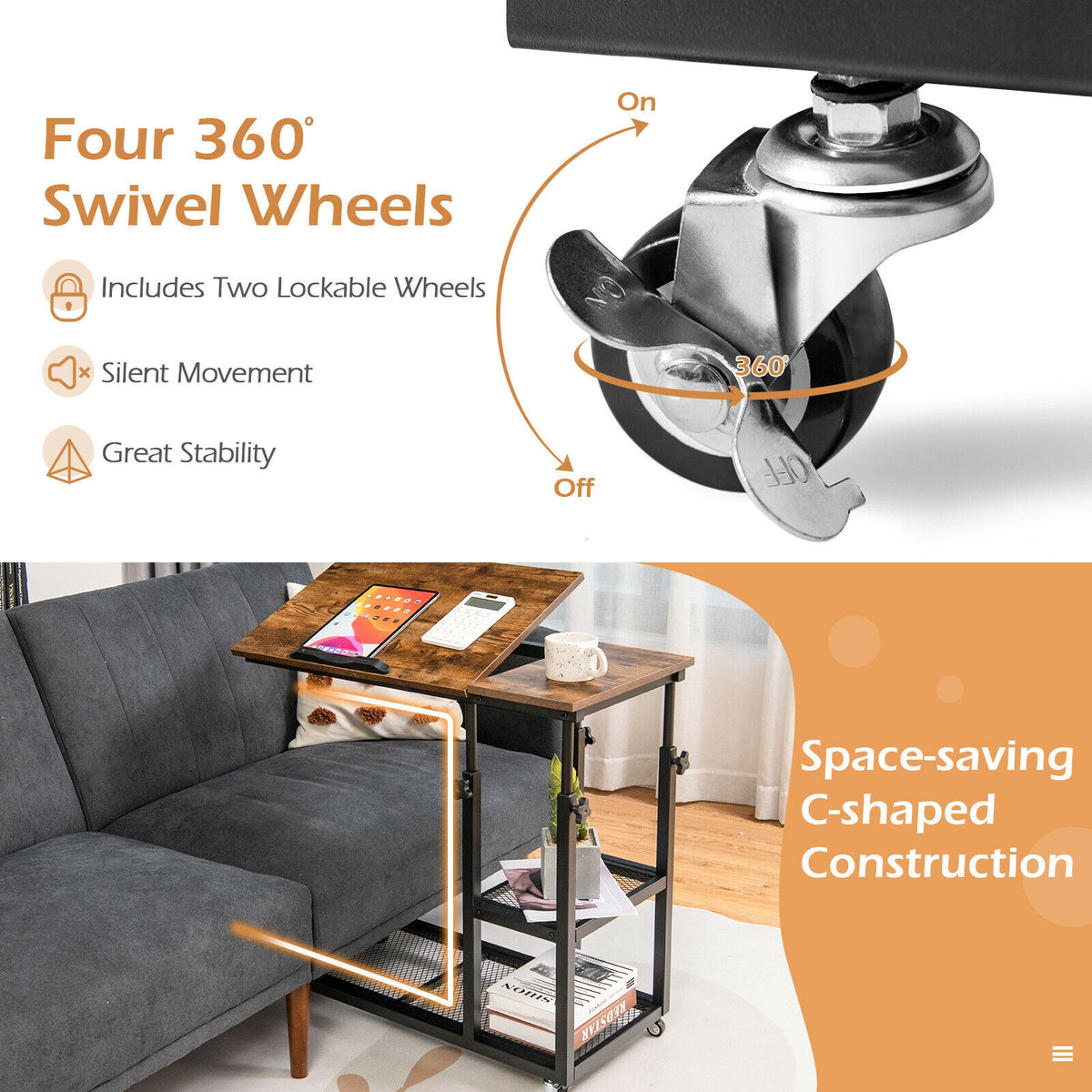 Height Adjustable C-Shaped End Table with Lockable Wheels, Rustic Brown
