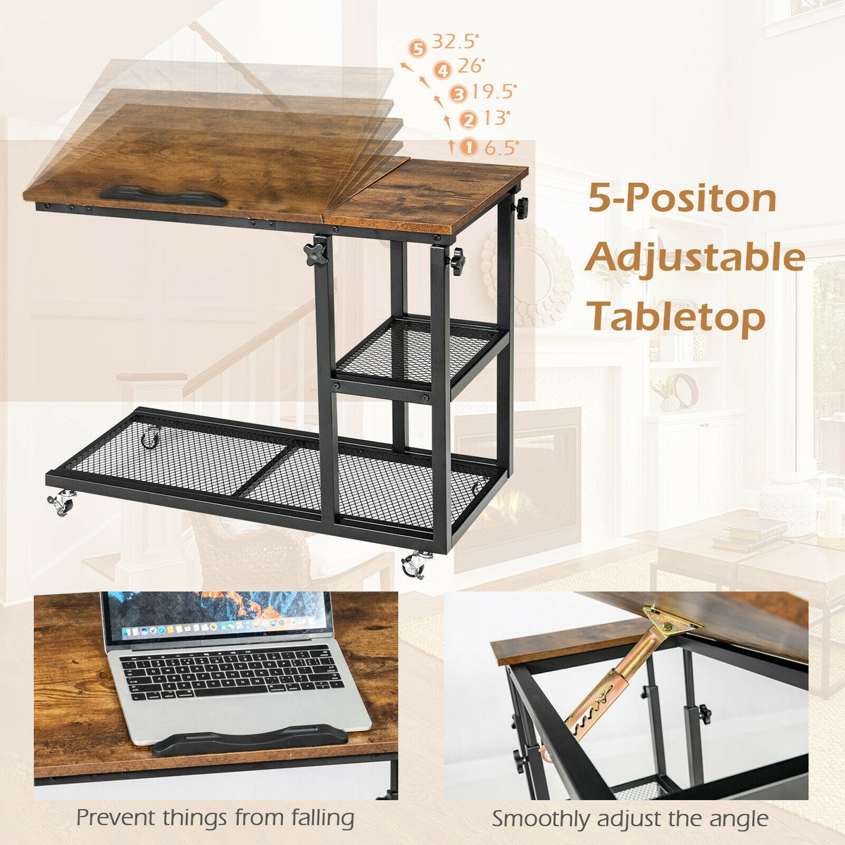 Height Adjustable C-Shaped End Table with Lockable Wheels, Rustic Brown