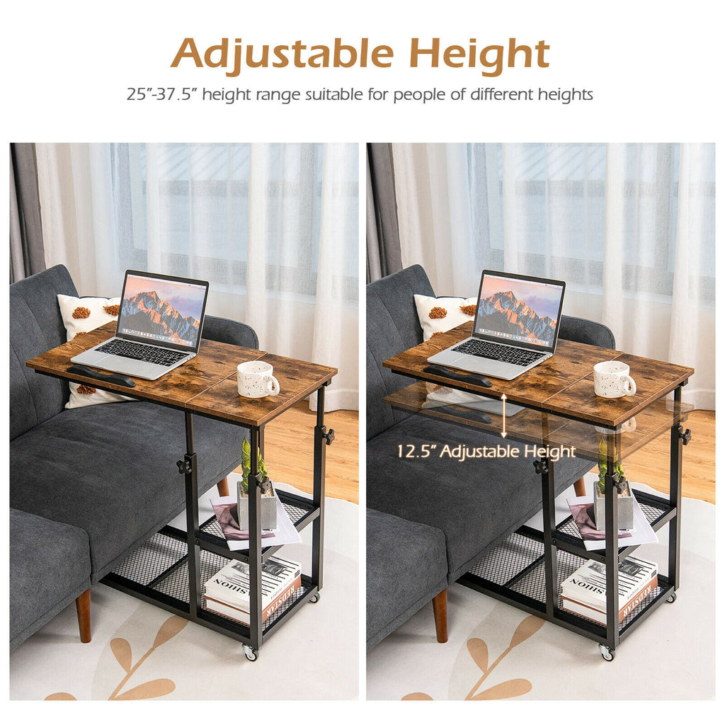 Height Adjustable C-Shaped End Table with Lockable Wheels, Rustic Brown