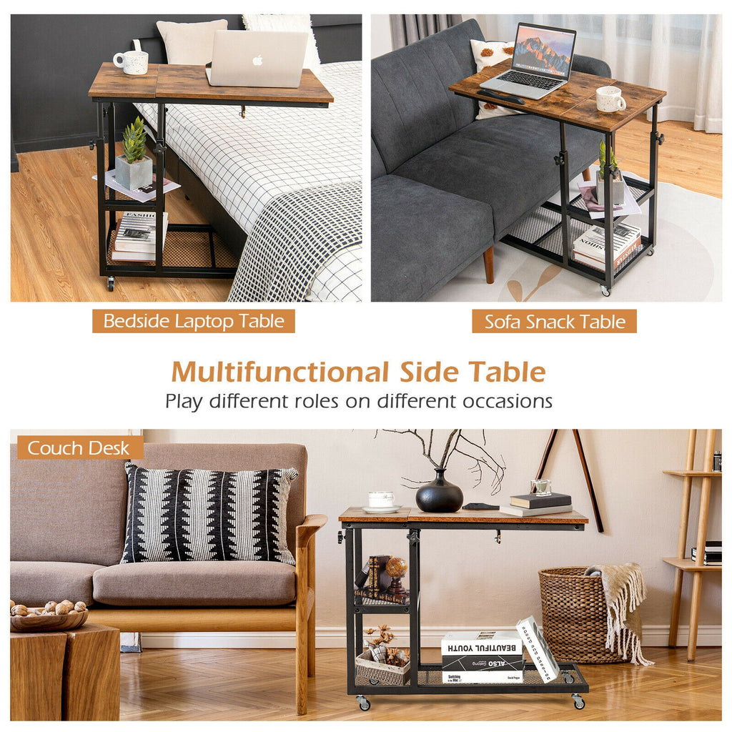 Height Adjustable C-Shaped End Table with Lockable Wheels, Rustic Brown
