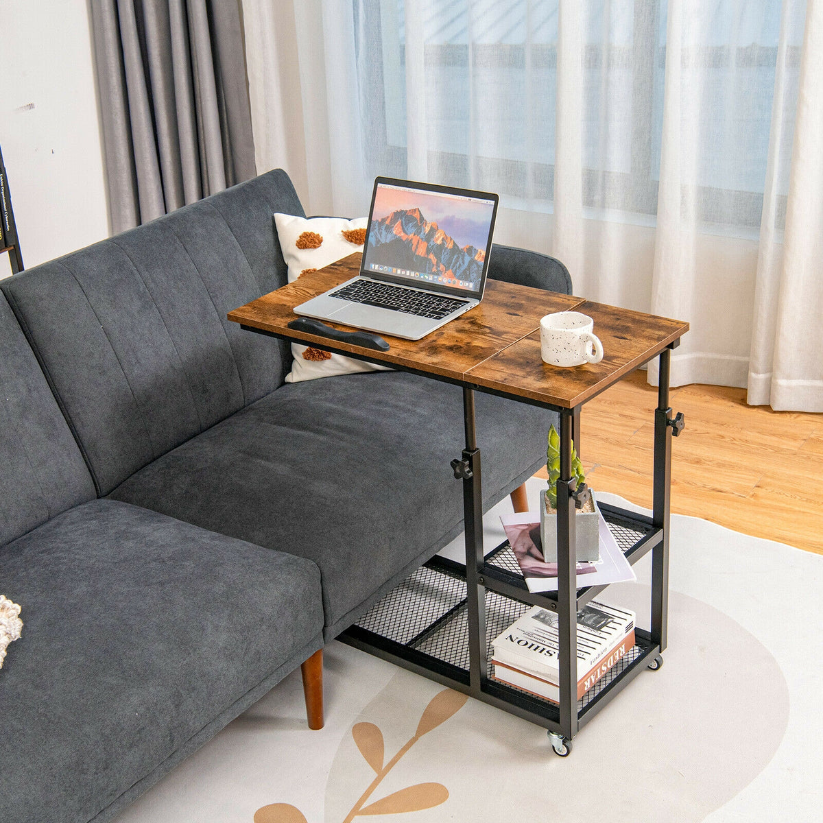 Height Adjustable C-Shaped End Table with Lockable Wheels, Rustic Brown