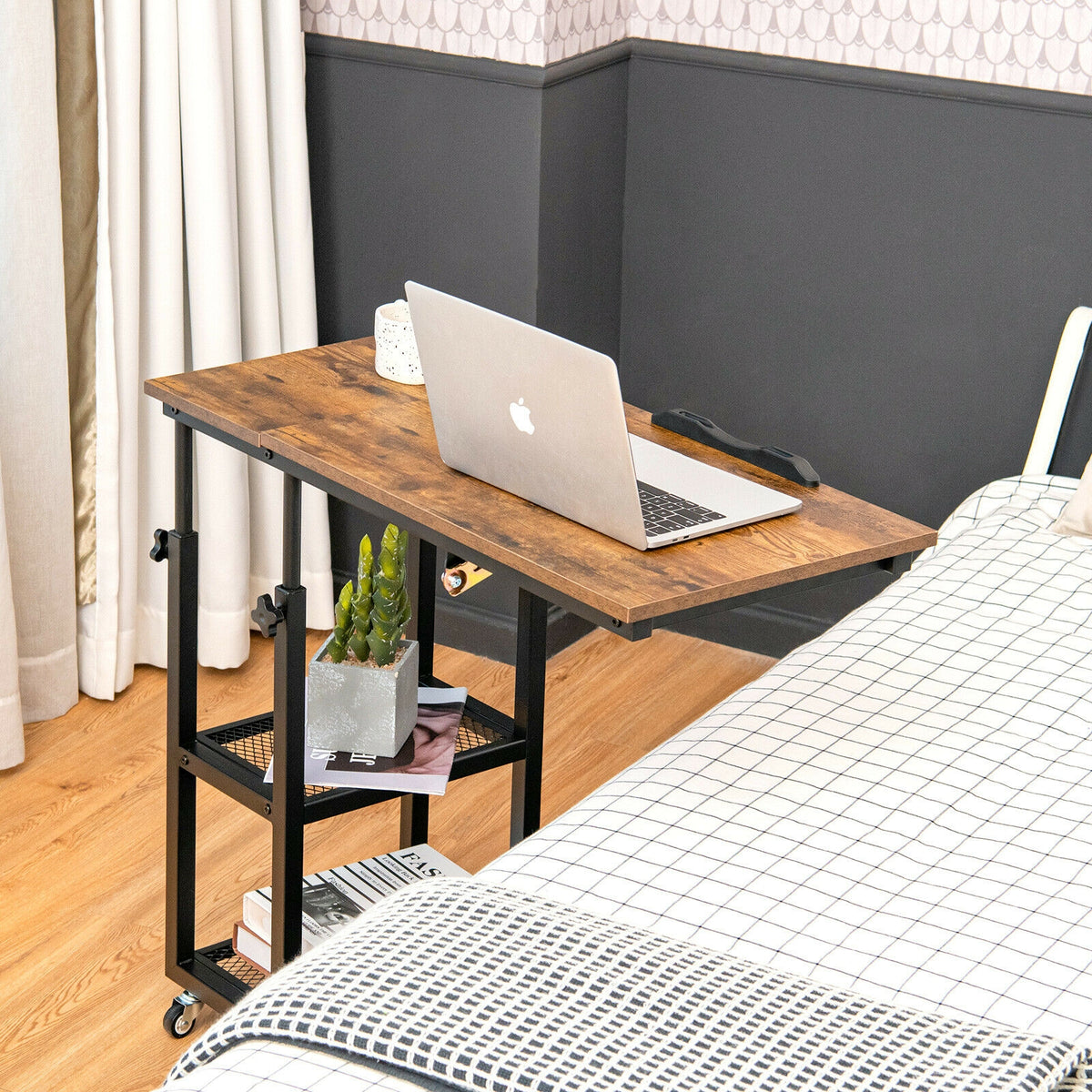 Height Adjustable C-Shaped End Table with Lockable Wheels, Rustic Brown