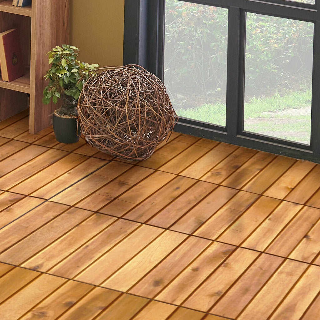 Interlocking Acacia Wood Patio Deck Tiles - Stripe Pattern, 27 Pack Outdoor Flooring