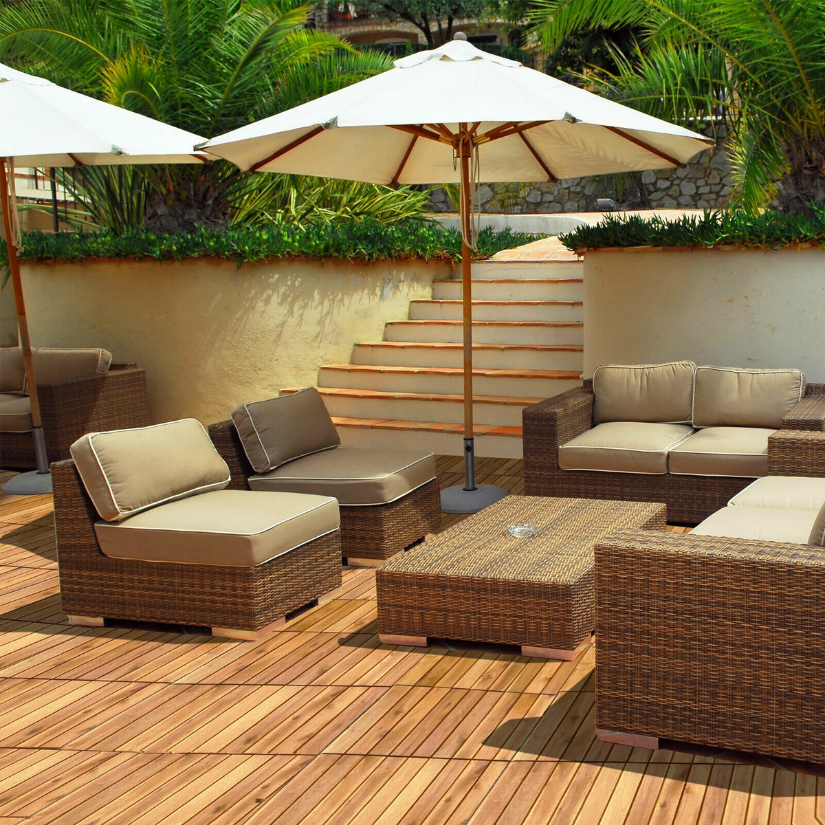 Interlocking Acacia Wood Patio Deck Tiles - Stripe Pattern, 27 Pack Outdoor Flooring