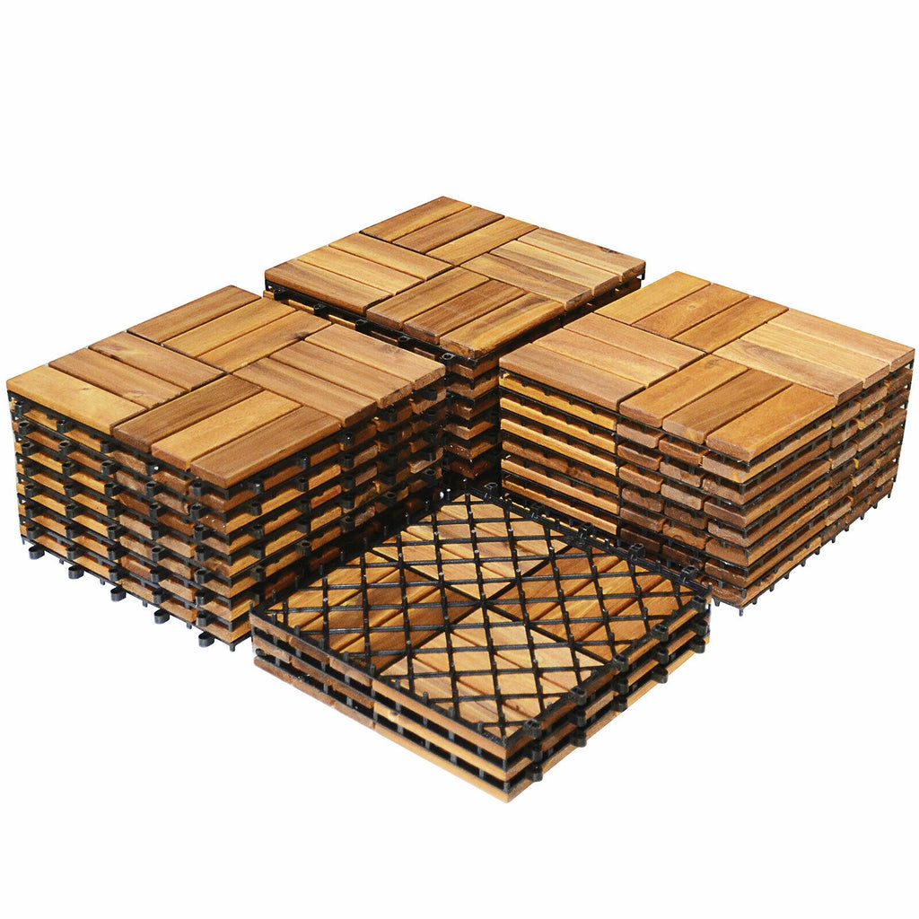 Interlocking Acacia Wood Patio Deck Tiles - Checker Pattern, 27 Pack, 12x12 Inches