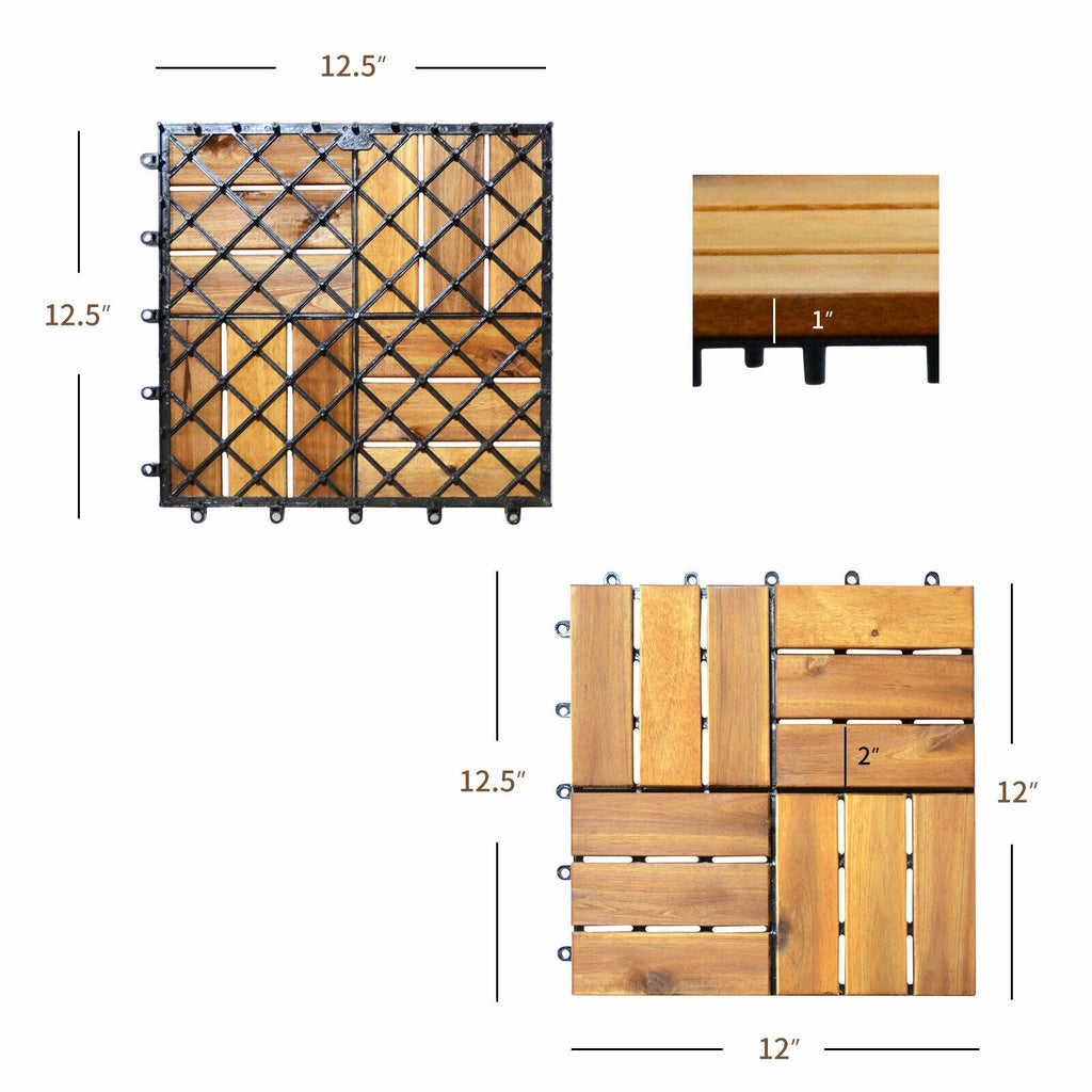 Interlocking Acacia Wood Patio Deck Tiles - Checker Pattern, 27 Pack, 12x12 Inches