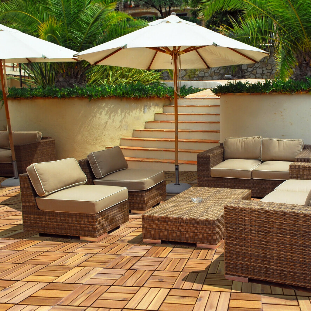 Interlocking Acacia Wood Patio Deck Tiles - Checker Pattern, 27 Pack, 12x12 Inches