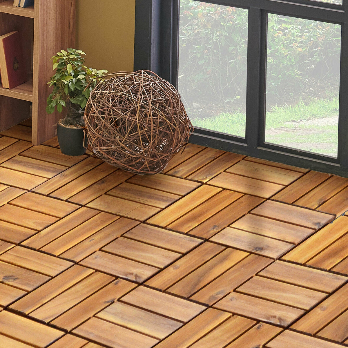 Interlocking Acacia Wood Patio Deck Tiles - Checker Pattern, 27 Pack, 12x12 Inches