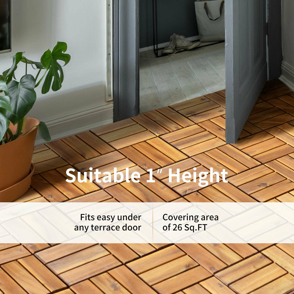 Interlocking Acacia Wood Patio Deck Tiles - Checker Pattern, 27 Pack, 12x12 Inches