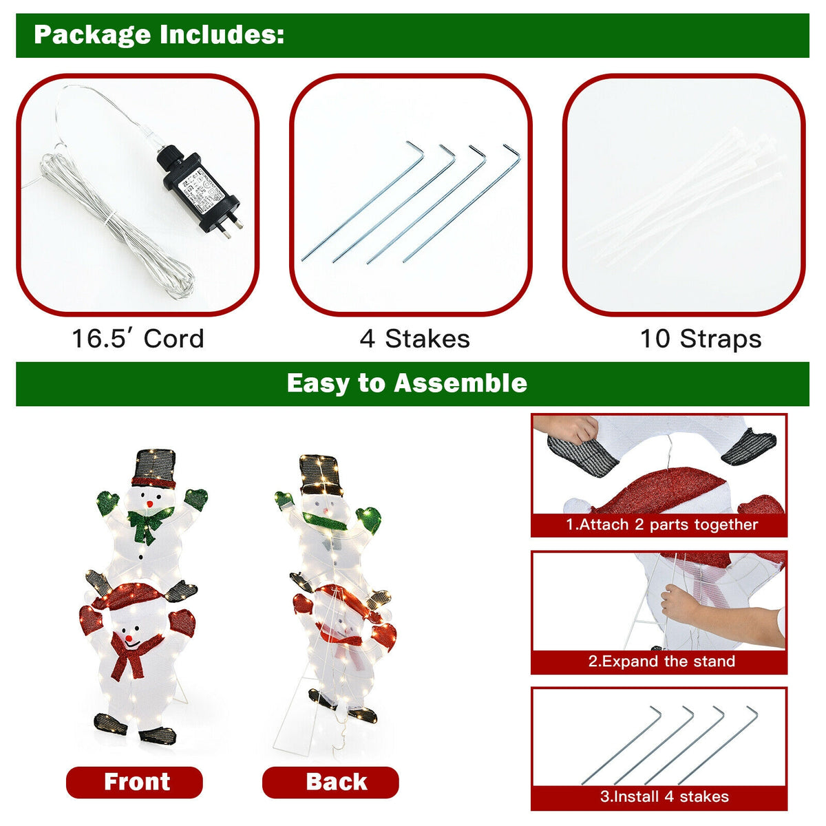Double Snowman Christmas Yard Decorations - 54 Inch Outdoor Xmas Decor with Waterproof UL Plug