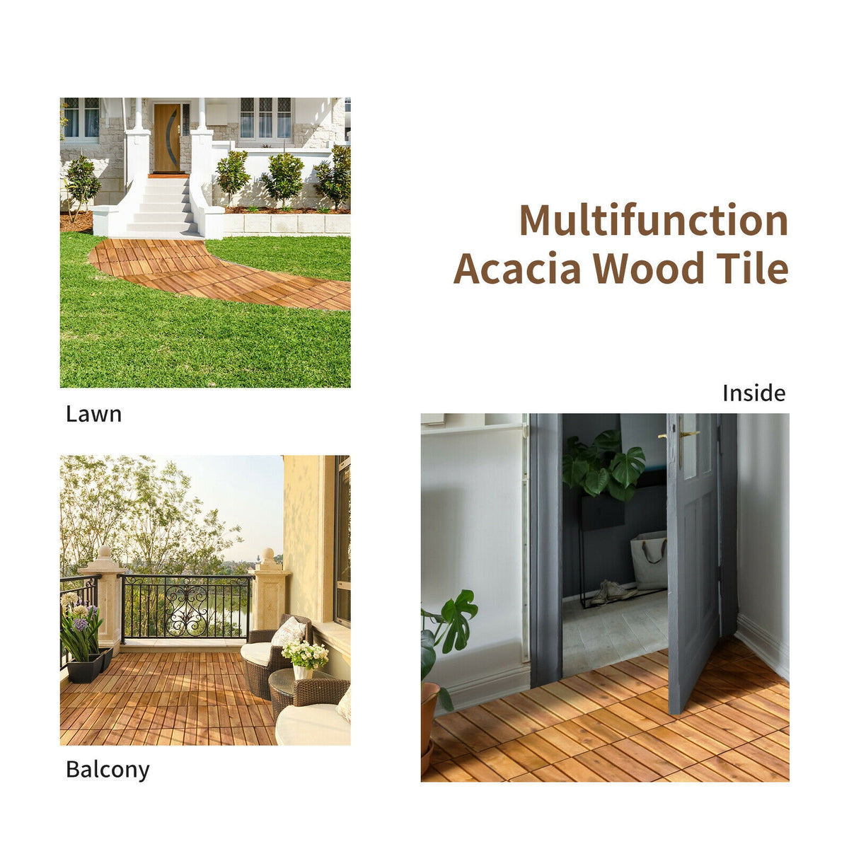 Interlocking Acacia Wood Patio Deck Tiles - Stripe Pattern, 27 Pack Outdoor Flooring