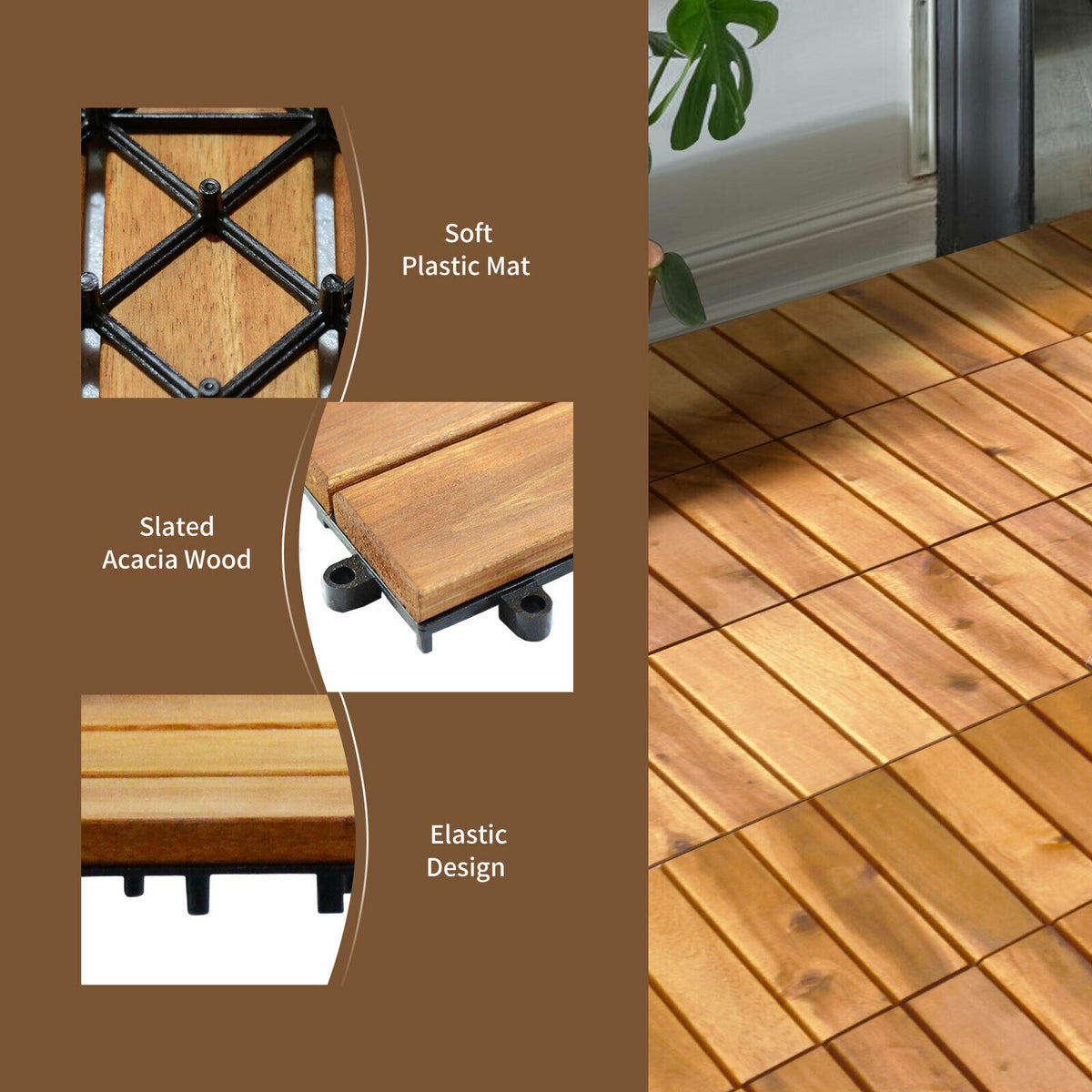 Interlocking Acacia Wood Patio Deck Tiles - Stripe Pattern, 27 Pack Outdoor Flooring