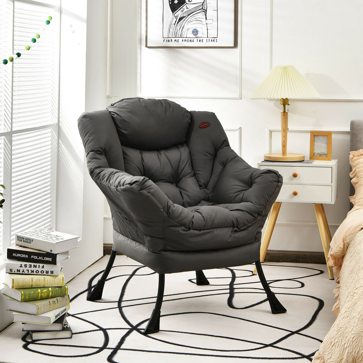 Lazy Chair with Steel Frame and Side Pocket - Gray