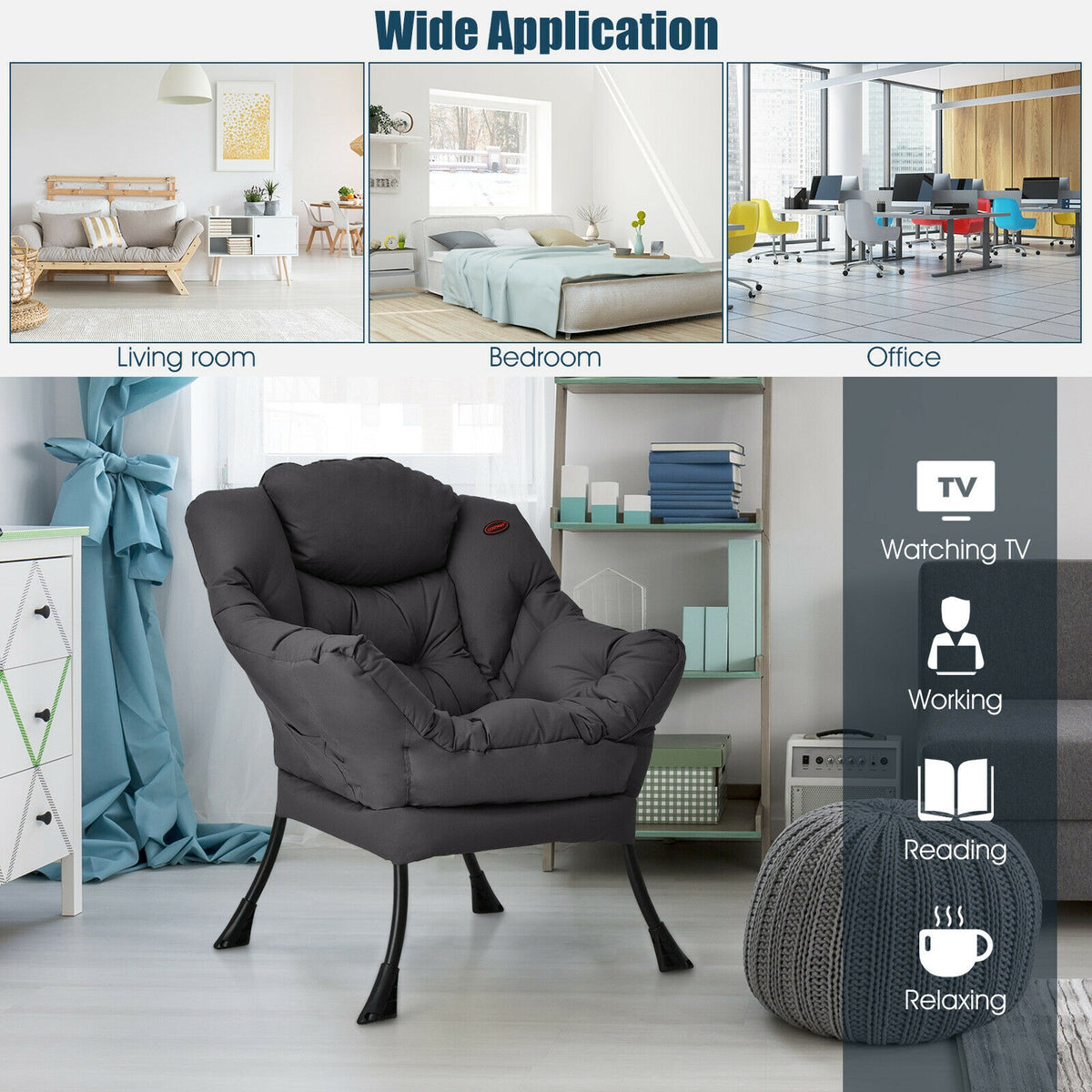 Lazy Chair with Steel Frame and Side Pocket - Gray