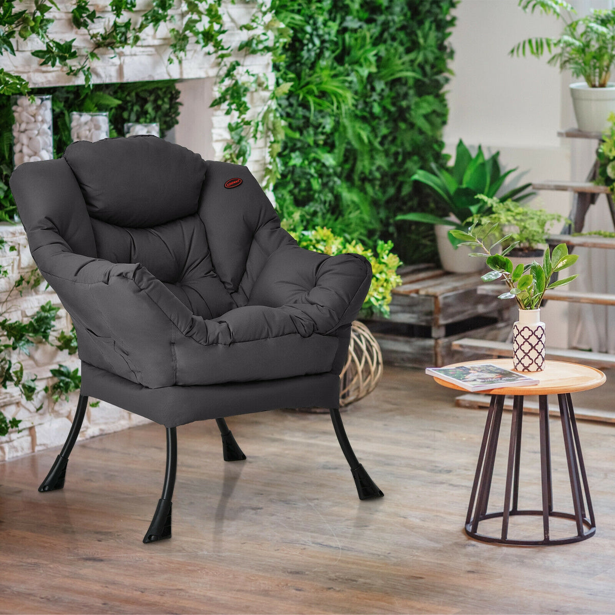 Lazy Chair with Steel Frame and Side Pocket - Gray