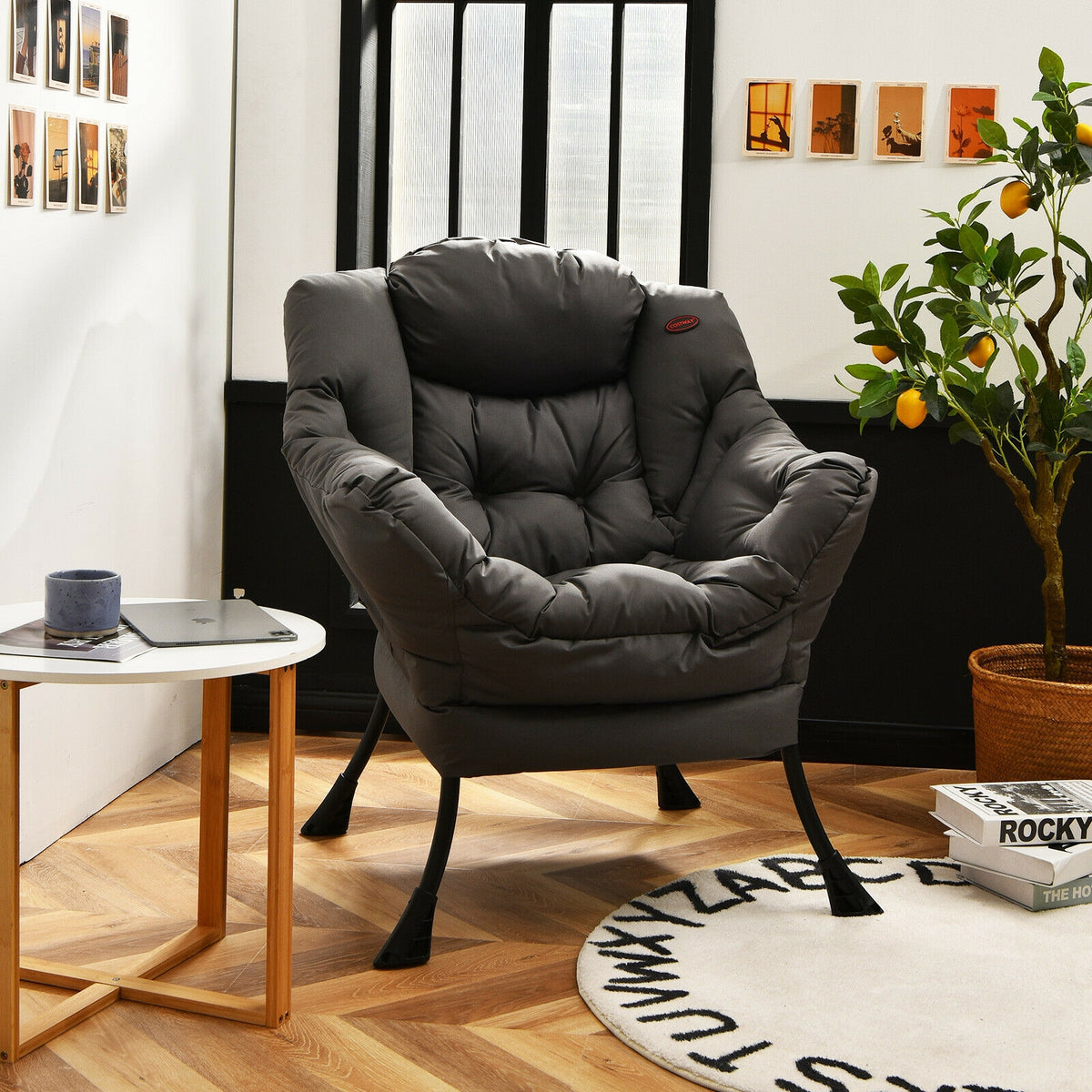 Lazy Chair with Steel Frame and Side Pocket - Gray