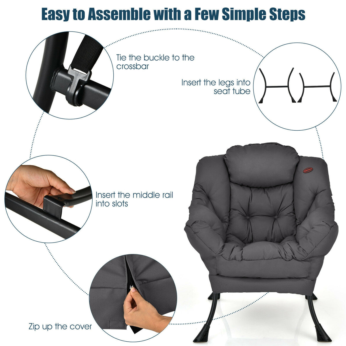 Lazy Chair with Steel Frame and Side Pocket - Gray
