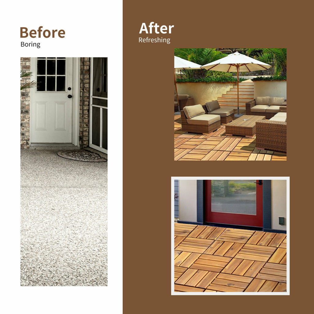 Interlocking Acacia Wood Patio Deck Tiles - Checker Pattern, 27 Pack, 12x12 Inches