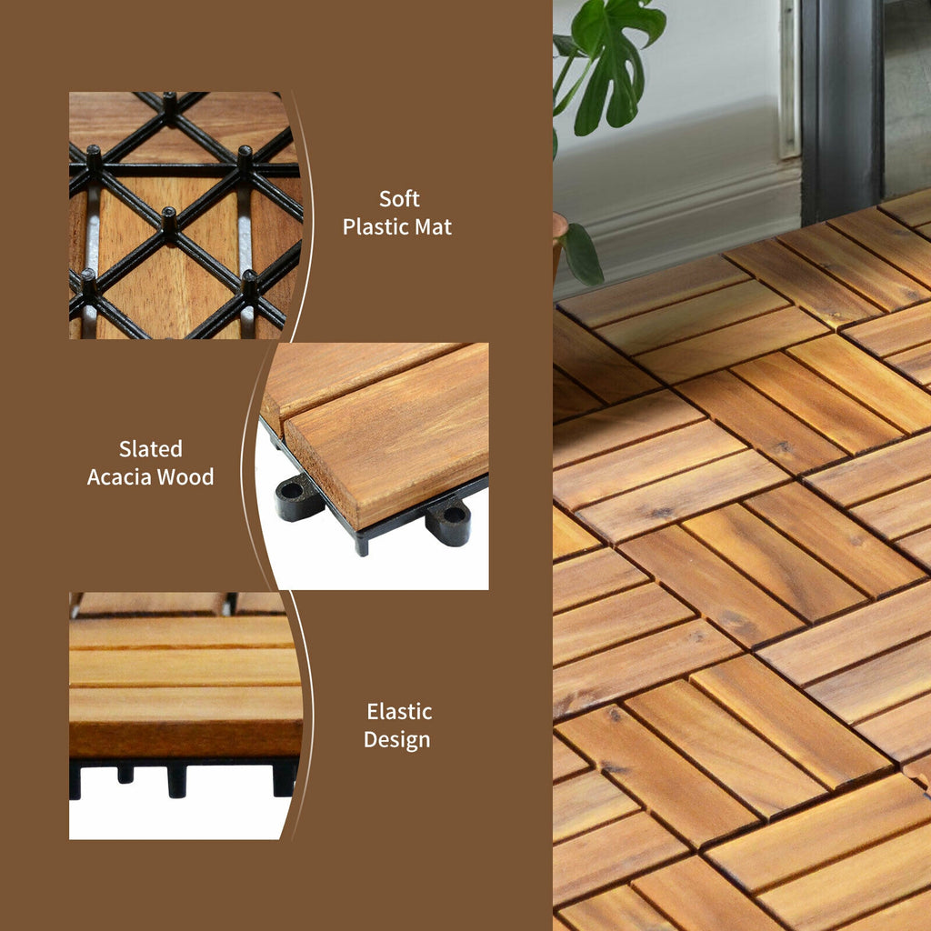 Interlocking Acacia Wood Patio Deck Tiles - Checker Pattern, 27 Pack, 12x12 Inches