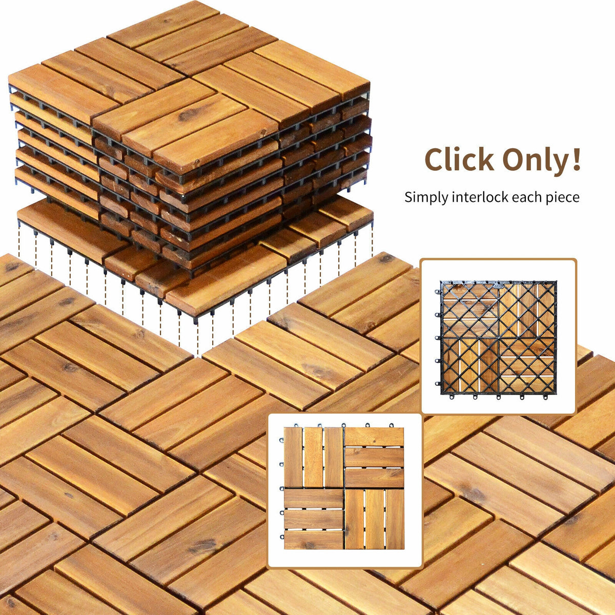 Interlocking Acacia Wood Patio Deck Tiles - Checker Pattern, 27 Pack, 12x12 Inches
