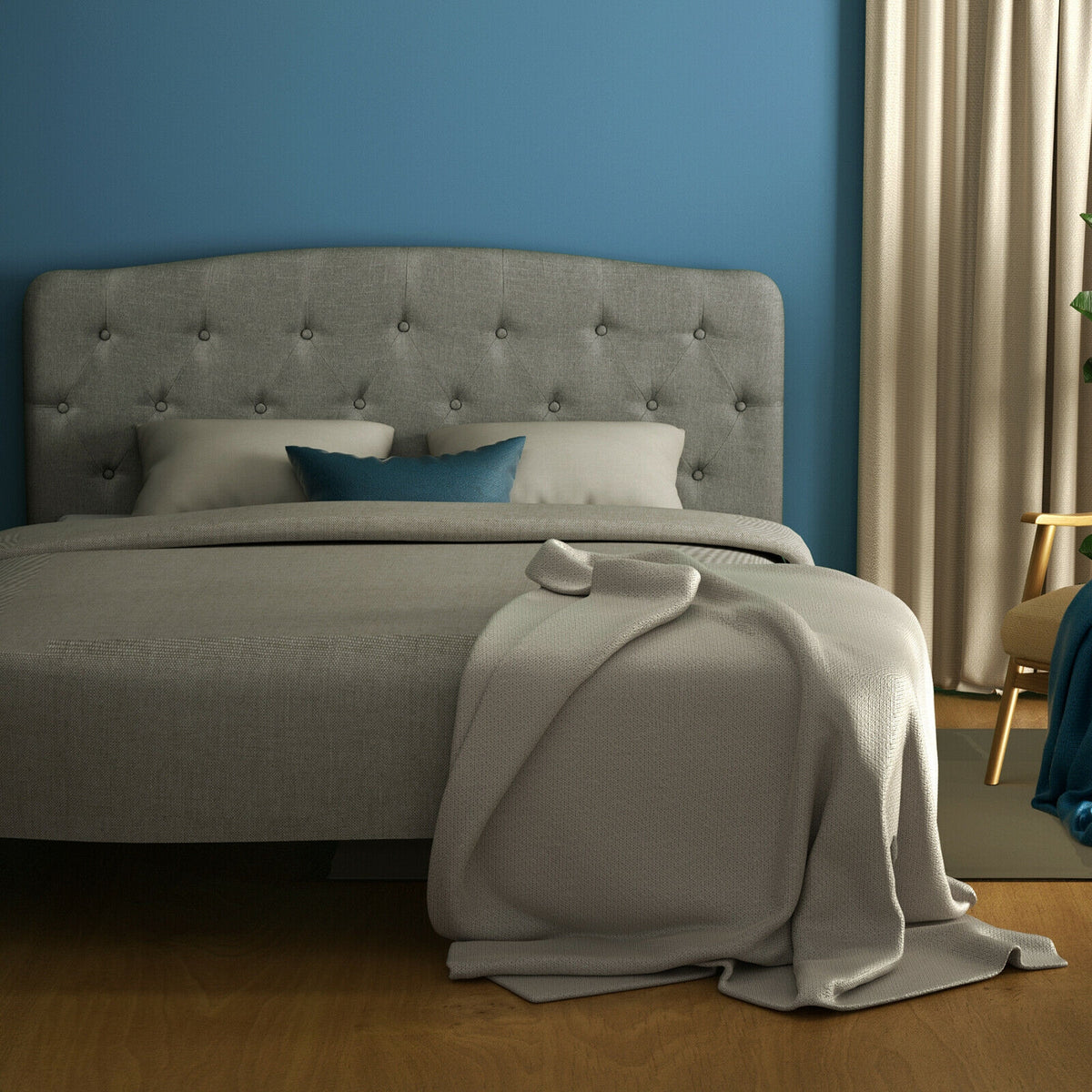 Full Size Faux Linen Upholstered Headboard, Light Gray
