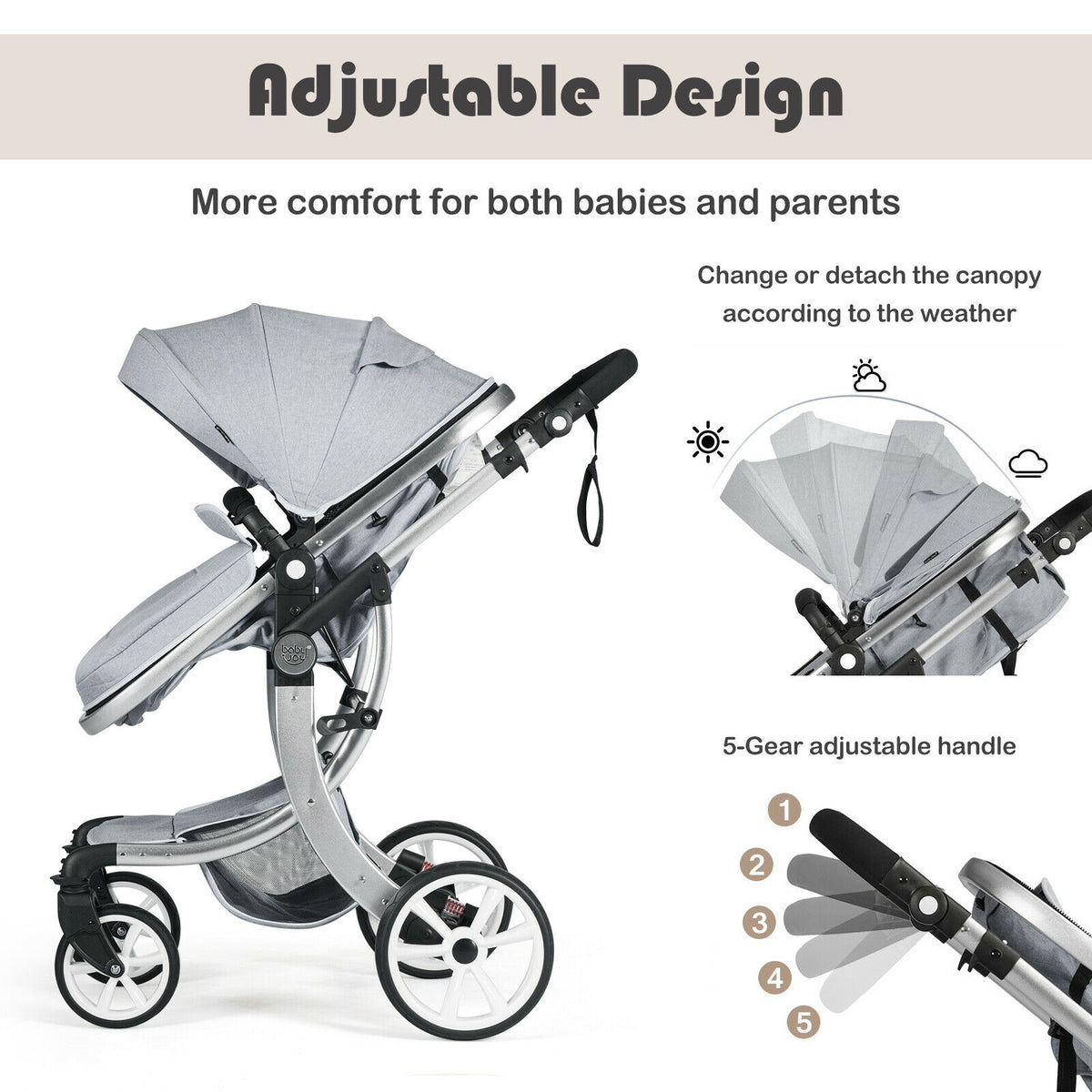 Costway 2-in-1 Foldable Baby Stroller with Diaper Bag - Gray, No Cup Holders